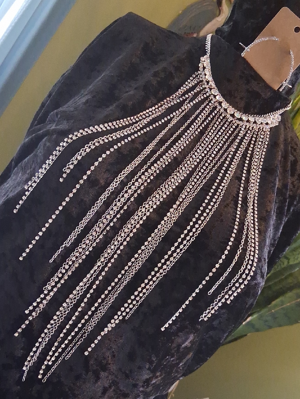 Statement Silver Tassel Rhinestone Fringe Necklace With Earrings 18 To 22 In L